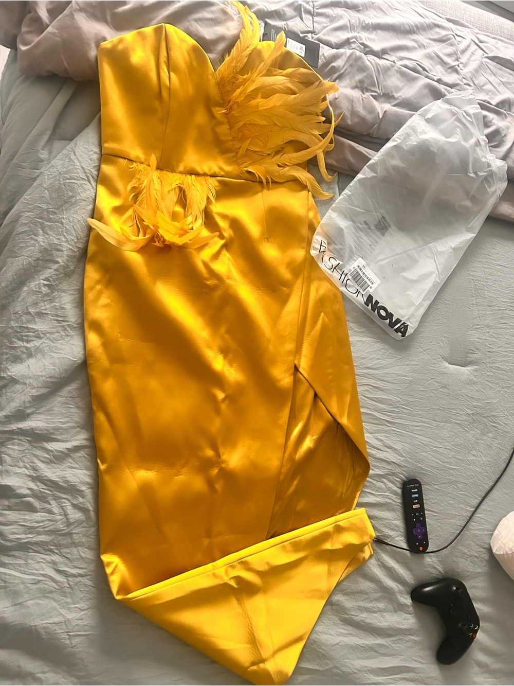 Fashion Nova Satin Strapless Feather-Trim Midi Dress in Yellow